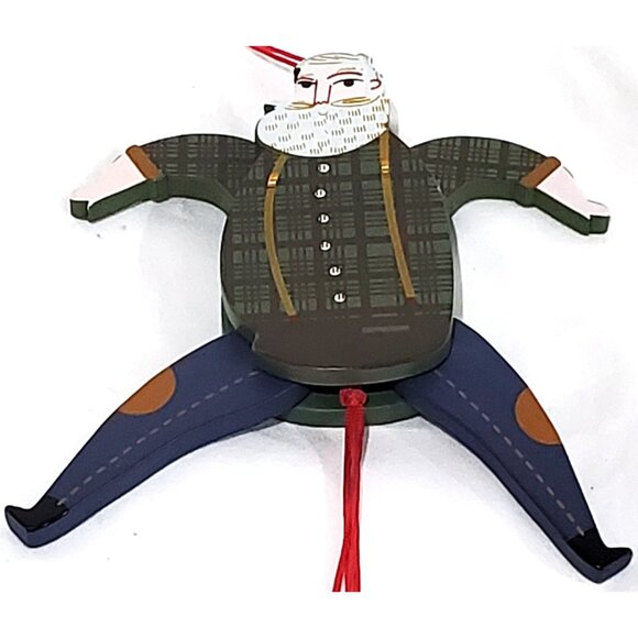 FARMER COWBOY SANTA wood pull string Christmas Ornament green plaid shirt jeans - Picture 3 of 9
